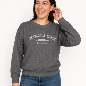 Pensacola Beach Embroidered Logo Sweatshirt Size Large Gray Cadet Blue Knit USA